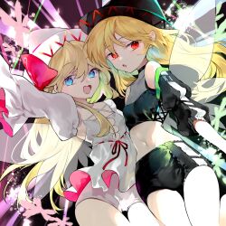 2girls adapted_costume arm_up black_hat black_shorts black_sleeves blonde_hair blue_eyes breasts commentary_request detached_sleeves dress dual_persona fairy fairy_wings hair_between_eyes hat highres lily_black lily_white long_hair multiple_girls navel open_mouth red_eyes risui_(suzu_rks) shorts small_breasts smile stomach touhou white_dress white_hat white_shorts white_sleeves wings