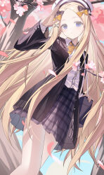 1girl abigail_williams_(fate) absurdres alternate_costume bag black_jacket blonde_hair blue_bag blue_eyes blue_skirt bow fate/grand_order fate_(series) forehead hair_bow hat highres holding holding_bag jacket long_hair looking_at_viewer miyu10366 parted_lips plaid_clothes plaid_skirt purple_bow salute shirt sidelocks skirt solo white_hat white_shirt yellow_bow