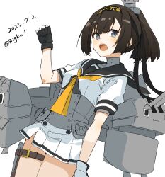Rule 34 | 1girl, absurdres, akizuki (kancolle), bigkwl, black gloves, black hair, black headband, breasts, chou-10cm-hou-chan, chou-10cm-hou-chan (akizuki&#039;s), clothes writing, corset, dated, gloves, grey eyes, hachimaki, headband, highres, kantai collection, long hair, medium breasts, miniskirt, neckerchief, pleated skirt, ponytail, rigging, school uniform, serafuku, short sleeves, skirt, solo, two-tone gloves, white background, white gloves, white skirt, yellow neckerchief