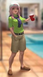 1girl alternate_costume backwards_hat baseball_cap belt black_belt blurry blurry_background brown_shoes casual collared_shirt contemporary cup disposable_cup fraternity green_shirt hat hololive hololive_english infi jacket_around_neck khakis loafers long_hair looking_at_viewer mori_calliope mythbreakers_(hololive_english) no_socks outdoors pink_hair pointing pool poolside red_eyes shirt shoes shorts sleeves_rolled_up smile solo tile_floor tiles virtual_youtuber white_hat