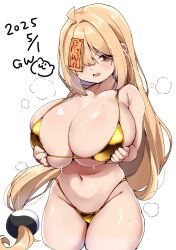 1girl arms_under_breasts bags_under_eyes bikini blonde_hair breasts breasts_squeezed_together cleavage dated gold_bikini hair_ornament hair_over_one_eye huge_breasts long_hair low-tied_long_hair nana_(mogs1225) navel ofuda ofuda_on_head one_eye_covered open_mouth original red_eyes solo standing sweat swimsuit very_long_hair white_background