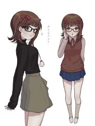 1girl 8_8ghost :o amami_haruka black-framed_eyewear black_sweater blue_skirt brown_hair brown_sweater_vest closed_mouth collared_shirt cowboy_shot full_body glasses green_eyes green_skirt hair_ribbon hand_up highres idolmaster idolmaster_(classic) long_sleeves looking_at_viewer looking_to_the_side multiple_views neck_ribbon pleated_skirt red-framed_eyewear red_ribbon ribbon shirt shoes short_hair simple_background skirt sleeves_past_wrists smile socks sparkle standing sweater sweater_vest turtleneck turtleneck_sweater white_background