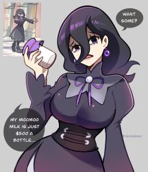 1girl alternate_breast_size black_corset bottle bow bowtie breasts collared_dress commentary corset dress earrings english_commentary english_text hex_maniac_(pokemon) hex_maniac_(pokemon_legends:_z-a) highres jewelry large_breasts milk_bottle moomoo_milk nintendo photo-referenced pink_lips pokemon pokemon_legends:_z-a purple_bow purple_bowtie purple_dress purple_eyes purple_hair shaded_face sleeve_cuffs touyarokii