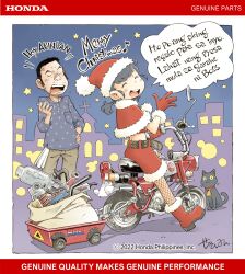 1boy 1girl ad anger_vein black_cat black_hair boots boss_(genie&#039;s_motorcycle_life) capelet cat christmas closed_eyes coil commentary copyright_notice english_commentary facing_viewer fishnets fur-trimmed_boots fur-trimmed_capelet fur-trimmed_skirt fur_trim genie&#039;s_motorcycle_life genie_(genie&#039;s_motorcycle_life) gloves hat highres honda merry_christmas motor_vehicle motorcycle night night_sky official_art open_mouth red_capelet red_footwear red_gloves red_skirt santa_costume santa_hat sekihan short_hair skirt sky speech_bubble tagalog_text translated
