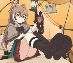 1girl brown_eyes brown_hair feet hololive hololive_english nanashi_mumei owl_girl panties shoes skirt smug socks underwear unworn_shoes