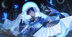 1boy armor belt bishounen black_belt black_bodysuit black_bow black_bridal_gauntlets black_shorts blue_butterfly blue_cape blue_gemstone blue_hair blue_kimono blue_pupils blue_sleeves blue_theme blunt_ends blurry bodysuit bow bridal_gauntlets bug butterfly cape depth_of_field dilated_pupils eyeliner eyeshadow feathers fingernails floral_print_veil folding_fan foreshortening furisode gem genshin_impact glowing_gem glowing_markings glowing_pupils gold hand_fan hand_up highres holding holding_fan insect japanese_armor japanese_clothes juban kimono kote kurokote layered_sleeves looking_at_viewer makeup male_focus mandarin_collar night open_clothes open_kimono open_mouth outdoors outstretched_arm pom_pom_(clothes) purple_eyes purple_sash red_eyeliner red_eyeshadow sash scaramouche_(genshin_impact) short_sleeves shorts shoulder_peek solo tassel teeth tsurime upper_teeth_only veil vision_(genshin_impact) wanderer_(genshin_impact) white_kimono white_sleeves white_trim white_veil wispy_bangs yellow_feathers yonagi_th