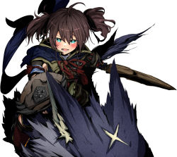 1girl :d ahoge animal aoi_rt0 armor blue_cape blue_eyes blush brown_hair buckler canyne cape dog full_body gloves hair_between_eyes highres holding holding_sword holding_weapon hololive japanese_clothes kamura_(armor) long_sleeves looking_at_viewer lower_teeth_only monster_hunter_(series) monster_hunter_rise natsuiro_matsuri open_mouth outstretched_arm red_ribbon ribbon shield short_hair sidelocks simple_background smile solo_focus sword tassel teeth thighhighs virtual_youtuber weapon white_background