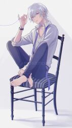 Rule 34 | 1boy, absurdres, artist name, barefoot, belt, black pants, bracelet, collarbone, collared shirt, commentary request, cross, cross earrings, crossed ankles, ear piercing, earrings, fingernails, full body, hair between eyes, highres, jewelry, looking at viewer, male focus, medium hair, moxamog, necktie, on chair, original, pants, parted lips, piercing, pinky out, purple belt, purple eyes, purple necktie, shadow, shirt, short hair, sitting, sleeve rolled up, solo, thread, toes, undone necktie, watermark, white background, white hair, white shirt