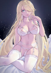 1girl absurdres aqua_eyes blonde_hair bloodstained:_curse_of_the_moon_2 bloodstained:_ritual_of_the_night bloodstained_(series) breasts cleavage dominique_(bloodstained) glasses hair_over_one_eye highres large_breasts long_hair looking_at_viewer solo tagme underwear