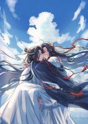 2boys ahoge alternate_costume black_coat black_hair blue_sky carrying chinese_clothes closed_eyes closed_mouth cloud cloudy_sky coat couple day feet_out_of_frame floating_clothes floating_hair grin hair_down hair_ribbon half_updo hanfu headband highres hug lan_wangji long_hair long_sleeves male_focus modao_zushi multiple_boys off_shoulder official_alternate_hairstyle open_mouth outdoors princess_carry profile red_ribbon red_shawl ribbon robe semiusa1010 shawl sidelocks sky smile standing tassel topknot very_long_hair wei_wuxian wei_wuxian_(yiling_laozu) white_hanfu white_headband wide_sleeves wind xiao_guan_(headdress) yaoi