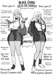 Rule 34 | 2girls, absurdres, blonde hair, blush, breasts, clothes around waist, dark-skinned female, dark skin, english text, full body, gyaru, hard-translated, highres, kneehighs, large breasts, loose necktie, loose socks, monochrome, multiple girls, necktie, poriuretan, school uniform, shoes, simple background, skirt, smile, smug, socks, speech bubble, standing, sweater, sweater around waist, text focus, thighs, third-party edit, translated, white background