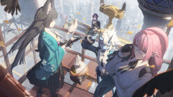 1boy 3girls absurdres animal_ear_fluff animal_ears asaba_harumasa black_gloves black_hair black_skirt blue_skin blunt_bangs colored_skin dress_shirt eous_(zenless_zone_zero) fox_ears fox_girl glasses gloves green_jacket hair_between_eyes high-waist_skirt highres horns hoshimi_miyabi jacket long_hair multiple_girls oni pink_eyes pink_hair pointy_ears scenery shengkai167 shirt short_hair sidelocks skirt soukaku_(zenless_zone_zero) tsukishiro_yanagi white_hair white_shirt zenless_zone_zero