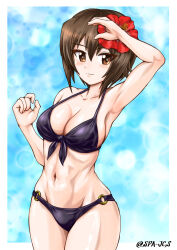 1girl bikini black_bikini blonde_hair breasts brown_eyes flower girls_und_panzer hair_flower hair_ornament highres large_breasts looking_at_viewer navel nishizumi_maho nspa_(spa-jcs) short_hair simple_background solo standing swimsuit