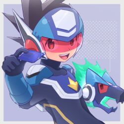 1boy :d arm_cannon assault_visor blue_bodysuit bodysuit card dated em_wave_change_(mega_man) geo_stelar_(mega_man) holding holding_card kika_tohoku looking_at_viewer male_focus mega_man_(series) mega_man_day mega_man_star_force_(series) omega-xis_(mega_man) open_mouth smile spiked_hair star_force_mega_man teeth upper_body upper_teeth_only weapon