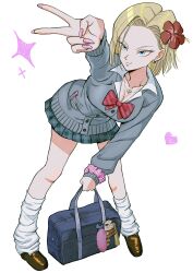 1girl absurdres android_18 bag blonde_hair blue_eyes bow breasts cleavage commentary dragon_ball earrings flower gyaru hair_flower hair_ornament heart heart_necklace highres holding holding_bag jewelry kuririn medium_breasts necklace pink_nails rebanira_kaisan red_bow school_uniform short_hair simple_background solo v white_background