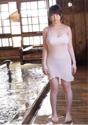 1girl barefoot black_hair breasts collarbone dress indoors japanese_(nationality) large_breasts looking_at_viewer matsumoto_nanami nipples photo_(medium) pool poolside real_life see-through_clothes short_hair standing water white_dress