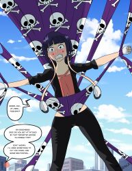 Rule 34 | absurdres, black pants, blue sky, blush, boku no hero academia, cityscape, clenched teeth, embarrassed, highres, jiro kyoka, mrbragas, non-web source, panties, pants, print panties, purple hair, purple panties, skull and crossbones, sky, speech bubble, teeth, underwear, wedgie