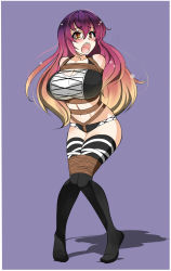 1girl adapted_costume arms_behind_back bdsm black_thighhighs blush bondage bound bound_legs breasts brown_hair cleavage crotch_rope female_focus full_body gradient_hair highres hijiri_byakuren huge_breasts jam-orbital knees_together_feet_apart long_hair multicolored_hair navel open_mouth purple_background red_hair rope shibari simple_background solo thighhighs tiptoes touhou yellow_eyes