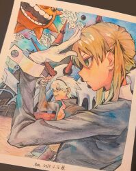1boy 1girl aynm010330 blonde_hair blue_sky closed_mouth cuff_links dated from_side gloves green_eyes hand_on_own_head hand_up highres maka_albarn photo_(medium) sharp_teeth short_twintails sky soul_eater soul_evans teeth traditional_media twintails white_gloves white_hair