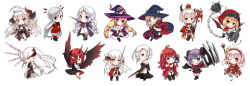 6+girls ball_and_chain_(weapon) blonde_hair borrowed_character chibi closed_eyes full_body green_eyes grin hat long_hair looking_at_viewer multiple_girls one_eye_closed original pink_eyes pink_hair pixiv_fantasia pixiv_fantasia_fallen_kings pointy_ears purple_eyes purple_hair red_eyes red_hair saru short_hair simple_background skirt smile spiked_ball_and_chain sword weapon white_background white_hair wings witch_hat