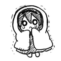 10s 1girl :c akemi_homura black_hair blanket chibi dress fc_(efushii) female_focus greyscale hairband long_hair lowres mahou_shoujo_madoka_magica mahou_shoujo_madoka_magica:_hangyaku_no_monogatari monochrome o_o scared simple_background solo white_background