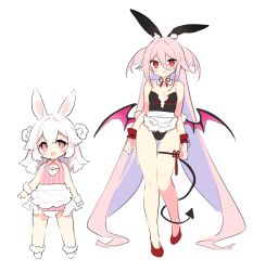 2girls :d @_@ absurdly_long_hair animal_ear_fluff animal_ears apron bare_shoulders black_leotard blue_hair braid demon_girl demon_tail demon_wings dress flower-shaped_pupils frilled_apron frills hair_rings high_heels highres leotard long_hair multicolored_hair multiple_girls open_mouth original pink_dress pink_eyes pink_hair rabbit_ears red_eyes red_footwear saru shoes smile strapless strapless_leotard symbol-shaped_pupils tail teeth twin_braids twitter_username two-tone_hair two_side_up upper_teeth_only very_long_hair waist_apron white_apron white_footwear white_hair wings wrist_cuffs