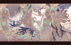 4girls absurdres azur_lane backless_dress backless_outfit bare_shoulders belfast_(azur_lane) blue_eyes blue_flower blue_ribbon braid breasts dress elbow_gloves enterprise_(azur_lane) flower from_behind gloves hair_flower hair_ornament hair_ribbon hair_wings highres illustrious_(azur_lane) illustrious_(illustrious_ball)_(azur_lane) large_breasts letterboxed long_hair multiple_girls official_alternate_costume red_eyes ribbon single_braid sirius_(azur_lane) sleeveless sleeveless_dress strapless strapless_dress verbalthought white_hair
