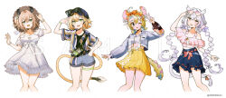 4girls :3 :p ahoge animal_charm animal_ears artist_name ashton_marten_(vtuber) bag bead_bracelet beads bird_girl bite_mark black_shirt blonde_hair blue_hair blue_shorts blue_tail bow bracelet braid breasts brown_hair charm_(object) chinchilla_(animal) chinchilla_ears chinchilla_girl chinchilla_tail cleavage_cutout clothing_cutout crescent crescent_necklace crop_top culottes dooby_(vtuber) dress eyewear_on_head feather_hair flower fur-tipped_tail green_eyes grey_jacket hair_bow hair_flower hair_ornament hat head_wings heart heart-shaped_eyewear heart_cutout highres hyuni_(character) indie_virtual_youtuber jacket jerboa_tail jewelry legband long_hair mouse_girl mouse_tail multicolored_hair multiple_girls necklace nimi_nightmare notched_ear one_eye_closed open_mouth owl_ears owl_girl pink_eyes renkkai sample_watermark scrunchie shirt short_hair short_sleeves shorts shoulder_bag side_ponytail simple_background skirt smile straw_hat striped_clothes striped_jacket sunglasses tail tail_flower tail_ornament tapir_ears tapir_girl tongue tongue_out twin_braids two-tone_hair two-tone_tail v vertical-striped_clothes vertical-striped_jacket very_long_hair virtual_youtuber watermark white_background white_dress white_hair wings wristband yellow_skirt yellow_tail