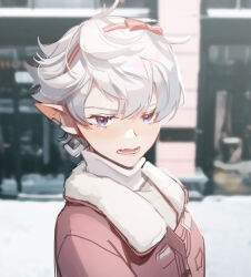 1girl alisaie_leveilleur blush bow earrings elezen elf embarrassed fang final_fantasy final_fantasy_xiv hair_bow hairband highres jacket jewelry looking_at_viewer migo45 open_mouth outdoors pink_bow pink_hairband pink_jacket pointy_ears short_hair skin_fang solo upper_body white_hair winter_clothes