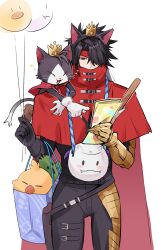 animal_ears az_(pixiv_108058292) bag balloon black_gloves black_hair black_pants cait_sith_(final_fantasy) cape cat cat_ears chocobo cloak commentary_request cowboy_shot crown fake_animal_ears final_fantasy final_fantasy_vii final_fantasy_vii_rebirth final_fantasy_vii_remake gauntlets gloves hair_over_one_eye headband highres holding holding_balloon long_hair mini_crown moogle on_shoulder pants pointing red_cape red_cloak red_eyes red_headband sabotender shopping_bag single_gauntlet single_glove sparkle spiked_hair thigh_strap vincent_valentine white_background white_gloves