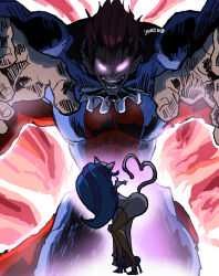 1boy 1girl animal_ears animal_hands ascot bent_over big_hair blue_hair breasts cape cat_ears cat_girl cat_tail darkstalkers demitri_maximoff dress fangs felicia_(darkstalkers) giant glowing glowing_eyes heart heart_tail high_heels highres long_dress long_hair midnight_bliss red_hair size_difference smile tail teeth vampire white_dress yukinoshin_f