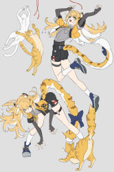 Rule 34 | 1girl, animal ear fluff, animal ears, black hair, blue shoes, bow, cat, collared shirt, colored inner hair, elbow gloves, fingerless gloves, gloves, green eyes, grey background, grey shirt, high-waist shorts, highres, jacket, ju fufu, jumping, multicolored hair, niihatigounana, orange fur, shirt, shoes, shorts, smile, socks, striped fur, tail, tail bow, tail ornament, thigh strap, tiger ears, tiger girl, tiger stripes, tiger tail, white socks, yellow jacket, zenless zone zero