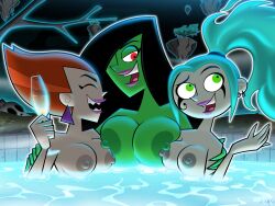 3girls black_hair blue_hair breasts cleavage closed_eyes colored_skin cup danny_phantom desiree_(danny_phantom) dlt drink drinking_glass earrings ember_mclain facial_mark ghost_girl green_eyes green_skin grey_skin hair_over_one_eye highres hot_tub huge_breasts jewelry large_breasts long_hair multiple_girls nipple_piercing nipples nude open_mouth partially_submerged penelope_spectra piercing ponytail purple_lips red_eyes sharp_teeth teeth toon_(style) wine_glass yuri
