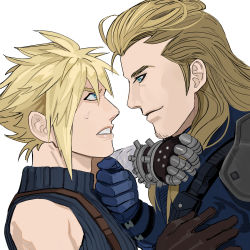 2boys armor blonde_hair blue_eyes blue_shirt clenched_teeth cloud_strife final_fantasy final_fantasy_vii final_fantasy_vii_remake gloves hair_between_eyes hair_slicked_back hand_on_another&#039;s_chest highres male_focus mullet multiple_boys newb_ff7r profile roche_(ff7) shirt shoulder_armor sideburns sleeveless sleeveless_turtleneck spiked_hair square_enix suspenders sweatdrop teeth turtleneck white_background