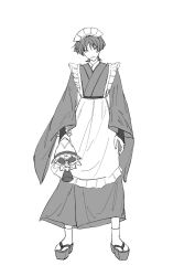 Rule 34 | 1boy, alternate costume, apron, arms at sides, bell, blunt ends, bridal gauntlets, closed mouth, crossdressing, enmaided, eyeliner, eyeshadow, frilled apron, frills, full body, genshin impact, greyscale, hair intakes, highres, holding, holding bell, juban, long sleeves, looking at viewer, maid, maid day, maid headdress, makeup, male focus, male maid, middle ring, monochrome, okobo, platform sandals, red eyeliner, red eyeshadow, sandals, scaramouche (genshin impact), solo, standing, straight-on, tabi, te1081, tsurime, tulaytullah&#039;s remembrance (genshin impact), wa maid, waist apron, white background, wide sleeves, wispy bangs
