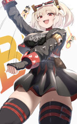 3girls :d absurdres black_helmet black_jacket black_skirt black_thighhighs black_tube_top blonde_hair breasts burnice_white caesar_king_(zenless_zone_zero) commentary cowboy_shot from_below green_hair hair_ornament helmet highres jacket kounoud0 long_sleeves looking_at_viewer luciana_de_montefio midriff multiple_girls musical_note open_mouth red_eyes shorts shorts_under_skirt side_ponytail simple_background skindentation skirt smile solo_focus strapless thick_thighs thighhighs thighs tube_top twintails white_background zenless_zone_zero