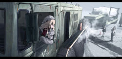 3girls blonde_hair coat fire_extinguisher grey_sky haguruma_c highres knit_hat long_hair lowboy_(trailer) lowboy_trailer military_truck military_vehicle motor_vehicle multiple_girls original red_sweater semi_truck side-view_mirror sky snow sweater tank_truck traffic_cone trailer truck viveka_(haguruma_c) winter_clothes winter_coat
