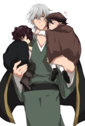 3boys ^_^ aged_down black_hair blush boots brown_cape brown_hair brown_hat bungou_stray_dogs cape carrying carrying_multiple_people carrying_person child closed_eyes closed_mouth edgar_allan_poe_(bungou_stray_dogs) edogawa_ranpo_(bungou_stray_dogs) flying_sweatdrops fukuzawa_yukichi_(bungou_stray_dogs) green_kimono grey_eyes grey_hair hair_between_eyes hair_over_one_eye haori hat heart highres hood hood_down hug japanese_clothes kimono long_sleeves male_focus medium_hair multiple_boys pants parted_lips piiiiisuke2525 shoes short_hair simple_background smile third-party_source white_background