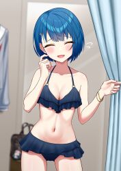 1girl absurdres alt_text animal_charm bag bag_charm bare_arms bare_shoulders bikini blue_bikini blue_hair blurry blurry_background blush bob_cut bracelet breasts changing_room charm_(object) cleavage closed_eyes collarbone commentary_request cowboy_shot curtains depth_of_field dot_nose facing_viewer gold_bracelet hair_behind_ear hair_ornament hairclip hands_up highres indoors jewelry kiritani_haruka medium_breasts mirror miyamasuzaka_girls&#039;_academy_school_uniform navel o-ring o-ring_top open_mouth parallel_hairclips project_sekai ruffle_bikini school_bag school_uniform scratching_cheek shock_ekaki short_hair solo stomach swimsuit thighs