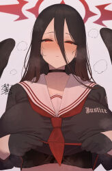 Rule 34 | 1girl, black bra, black choker, black gloves, black hair, black sailor collar, black serafuku, black shirt, black wings, blue archive, blush, bra, bra peek, breasts, breath, choker, closed mouth, gloves, halo, hasumi (blue archive), highres, huge breasts, long hair, long sleeves, looking at viewer, nashida bell, sailor collar, school uniform, serafuku, shirt, simple background, solo, sweat, underwear, upper body, white background, wings
