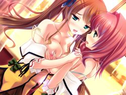 2girls blue_eyes blush breasts brown_hair class_zenin_maji_de_yuri?! dutch_angle game_cg grabbing_another&#039;s_breast green_eyes groping hatsuse_akira kasuga_rinko large_breasts mbs_truth multiple_girls nipples open_mouth red_hair saliva saliva_trail school_uniform twintails yuri