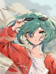 1girl adjusting_eyewear arm_up blue_eyes blue_hair collarbone eyewear_on_head glaring hand_on_eyewear hatsune_miku highres jacket long_hair long_sleeves looking_at_viewer neri_ane_(h_si11) open_clothes open_jacket parted_lips red_jacket shirt solo suna_no_wakusei_(vocaloid) sunglasses twintails upper_body vocaloid white_shirt