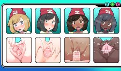 Rule 34 | 10s, 1boy, 4girls, beanie, black hair, boris (noborhys), brown hair, censored, dark skin, hat, interracial, looking at viewer, multiple girls, multiple persona, nintendo, penis, pointless censoring, pokemon, pokemon sm, presenting, pussy, selene (pokemon), sex, spread pussy, take your pick