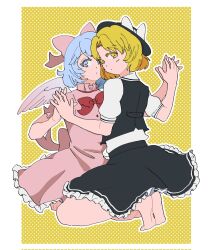 Rule 34 | 2girls, angel wings, back bow, barefoot, black hat, black skirt, black vest, blonde hair, blue eyes, blue hair, border, bow, closed mouth, collared shirt, commentary request, dress, feathered wings, fedora, frilled dress, frilled skirt, frilled sleeves, frills, full body, hair bow, hat, hat bow, highres, holding hands, kneeling, light blue hair, looking at viewer, mai (touhou), multiple girls, pink bow, pink dress, pink wings, polka dot, polka dot background, puffy short sleeves, puffy sleeves, shirt, shizuku hky, short hair, short sleeves, skirt, soles, squatting, tiptoes, touhou, touhou (pc-98), vest, waist bow, white border, white bow, white shirt, wings, yellow background, yellow eyes, yuki (touhou)