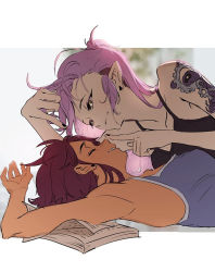 2girls amity_blight arm_tattoo book brown_hair couple dark-skinned_female dark_skin kuma20151225 looking_at_another luz_noceda lying multiple_girls on_back on_side pointy_ears poking_nose purple_hair short_hair smile tank_top tattoo the_owl_house upper_body yellow_eyes yuri