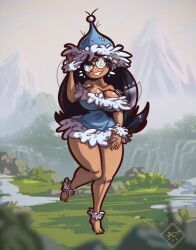absurdres ass blush breasts cosplay dark-skinned_female dark_skin fairy fairy_wings fluffy glasses gus_arts hat helena_handbasket highres horns horns_through_headwear huge_ass jiggle large_breasts long_hair looking_at_viewer mole mole_on_breast nature rayman_(series) rayman_origins smile snow thick_thighs thighs ubisoft wings