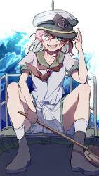 1girl anchor_symbol black_hair black_shoes blue_eyes collared_shirt hat highres holding holding_ladle ladle looking_at_viewer medium_hair murasa_minamitsu neckerchief nu2_(nunonijou) red_neckerchief shirt shoes short_sleeves shorts sitting socks solo touhou water waves white_hat white_shirt white_shorts white_socks