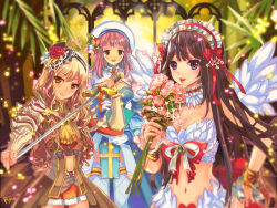 3girls arch_bishop_(ragnarok_online) armor ascot bikini black_hat blonde_hair blue_dress blue_eyes bouquet bow breasts brown_coat brown_eyes brown_hair choker cleavage cleavage_cutout closed_mouth clothing_cutout coat commentary_request cowboy_shot cross dress feather_trim feathered_wings fishnet_thighhighs fishnets flower frilled_choker frilled_hairband frills hair_bow hairband hat hat_flower hat_ornament holding holding_bouquet holding_sword holding_weapon large_breasts leaf_hat_ornament long_hair looking_at_viewer medium_breasts mini_hat mini_top_hat multiple_girls navel nyx_(shell_grotto) open_mouth pauldrons pink_flower pink_hair prototype_design ragnarok_online red_bow red_choker red_flower red_hairband red_skirt rune_knight_(ragnarok_online) shoulder_armor skirt smile swimsuit sword tam_(ragnarok_online) thighhighs top_hat two-tone_dress wanderer_(ragnarok_online) weapon white_bikini white_dress white_hat white_thighhighs white_wings wings yellow_ascot