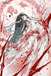 1boy antlers bent_back black_eyes black_hair blood blood_on_clothes blood_on_mouth blood_splatter chinese_clothes coat from_side fur_collar hanfu highres hong_lu_(project_moon) horns kalliope_orc limbus_company long_hair male_focus project_moon red_hanfu red_sash rope_belt sash solo tears_of_the_tarnished_blood_(e.g.o) upper_body very_long_hair white_coat wide-eyed