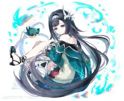 1girl bare_shoulders bird_hair_ornament black_footwear black_hair dress frown genshin_impact green_dress green_sleeves grey_hair hair_ornament hairband high_heels lan_yan_(genshin_impact) long_hair looking_at_viewer looking_back luta_(luta_1013) multicolored_hair purple_eyes very_long_hair vision_(genshin_impact) white_hairband